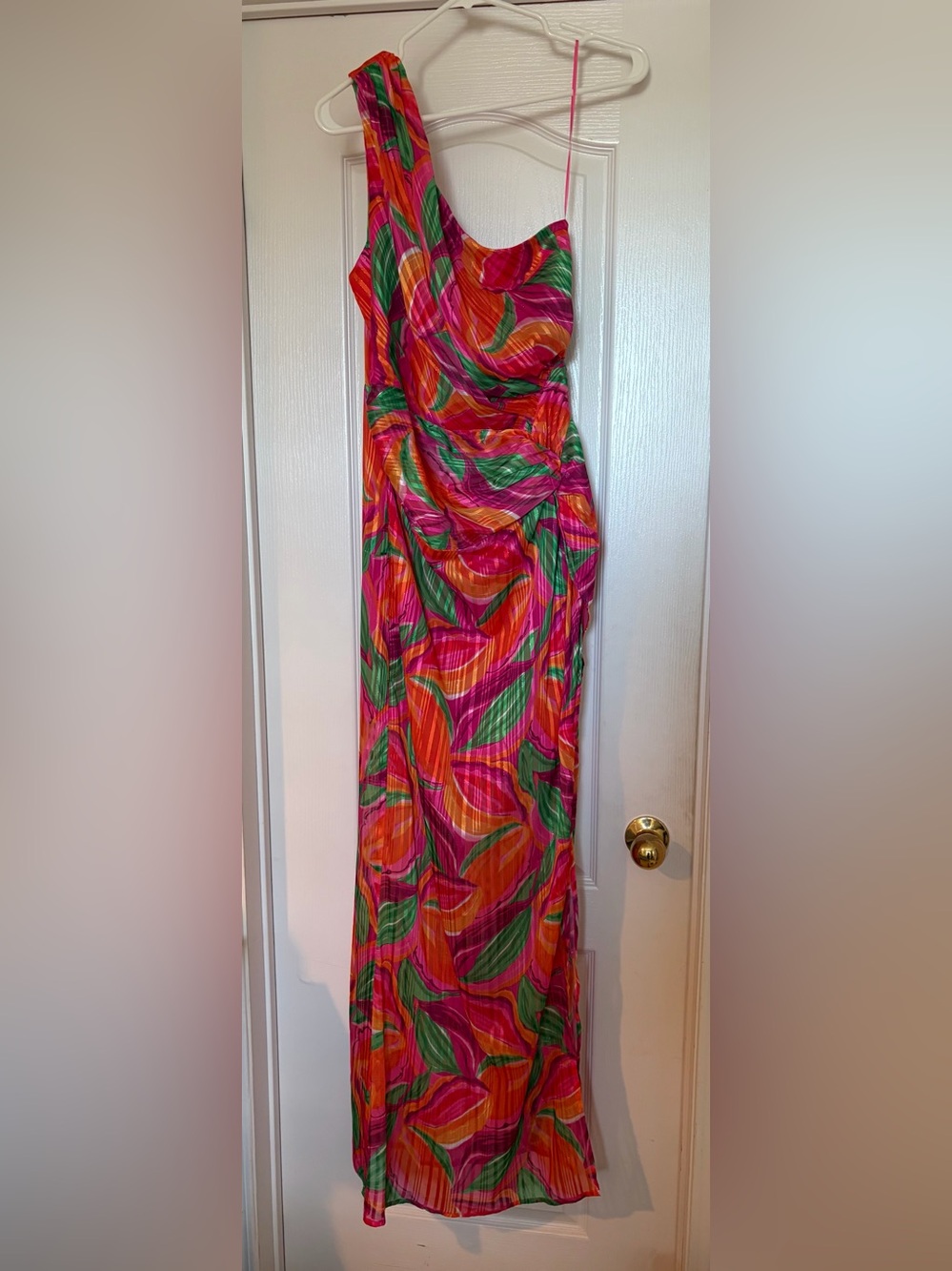 LUXXEL Boutique brand One-Shoulder Tropical Print Maxi Dress in Pink & Orange